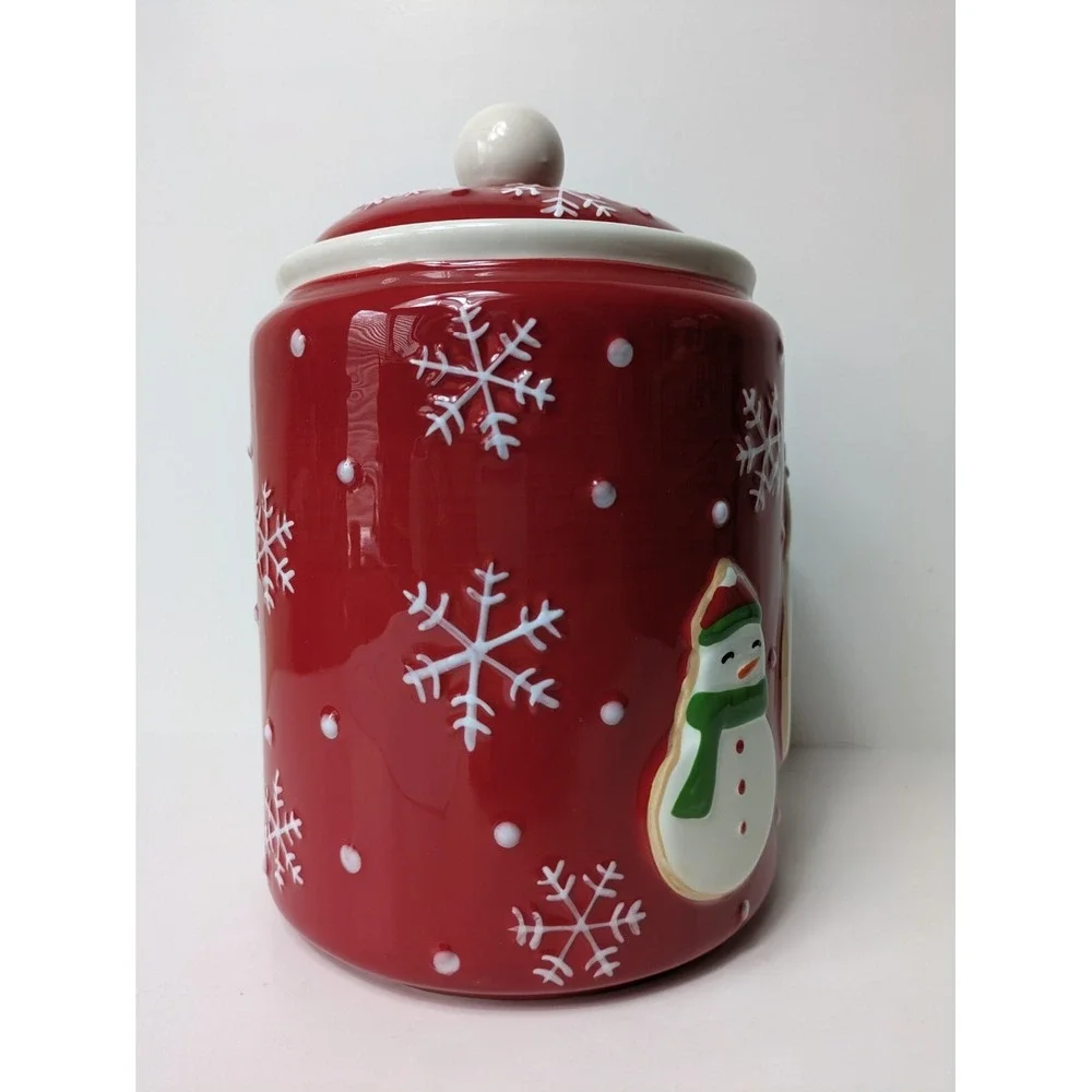 Hallmark Christmas Red Cookie Jar Canister 3 Snowmen Snowflakes 9